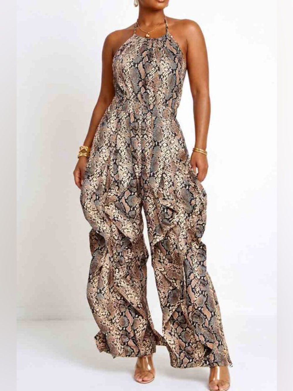 Snake Print Halter Wavy Ruffle Jumpsuit